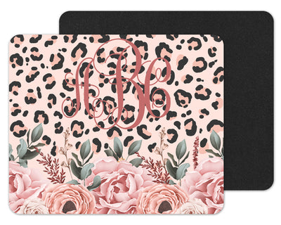 Pink Leopard Floral Personalized Mouse Pad