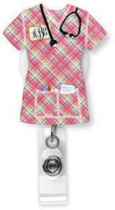 Pink Plaid Scrubs Monogram Badge Reel - Sew Lucky Embroidery