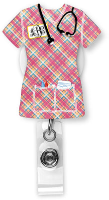 Pink Plaid Scrubs Monogram Badge Reel