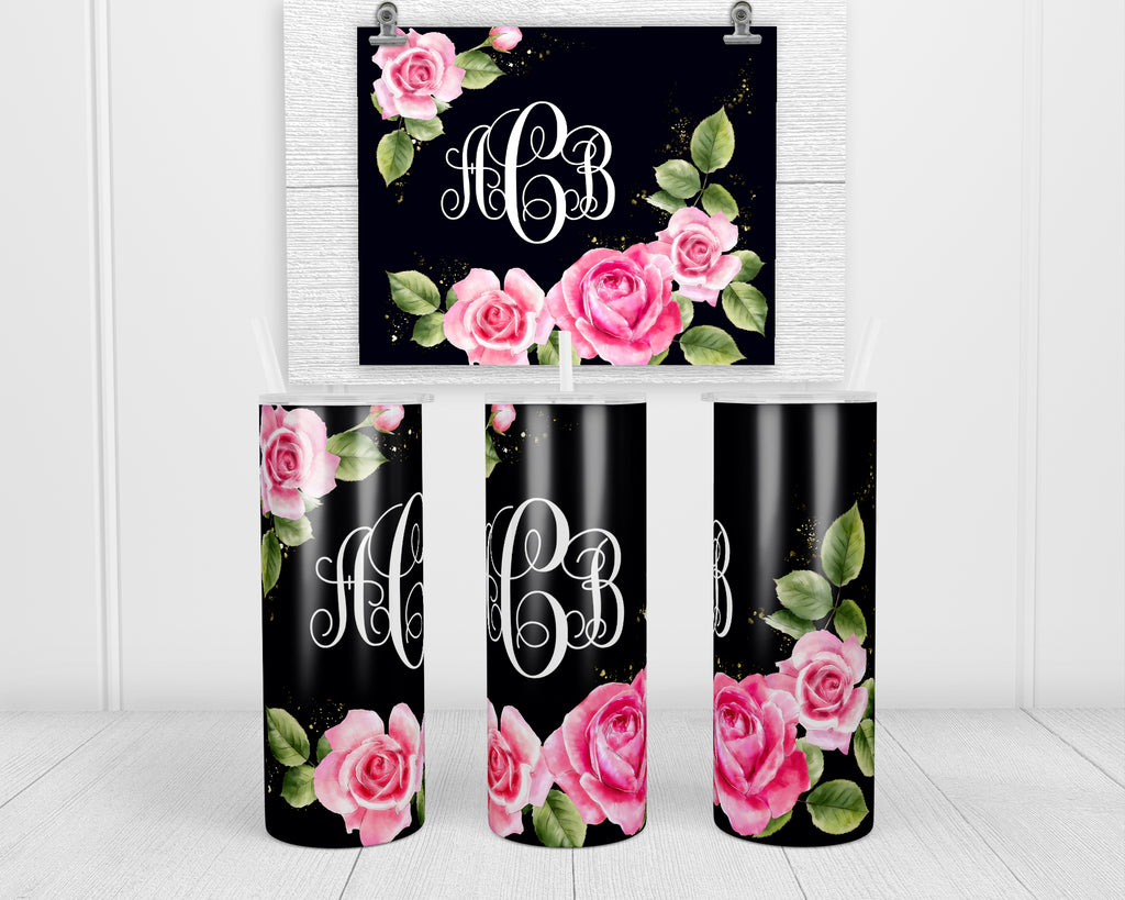 Pink Roses Personalized 20 oz insulated tumbler with lid and straw - Sew Lucky Embroidery