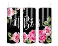 Pink Roses Personalized 20 oz insulated tumbler with lid and straw - Sew Lucky Embroidery