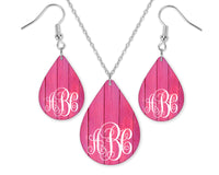 Pink Wood Monogrammed Teardrop Earrings and Necklace Set - Sew Lucky Embroidery