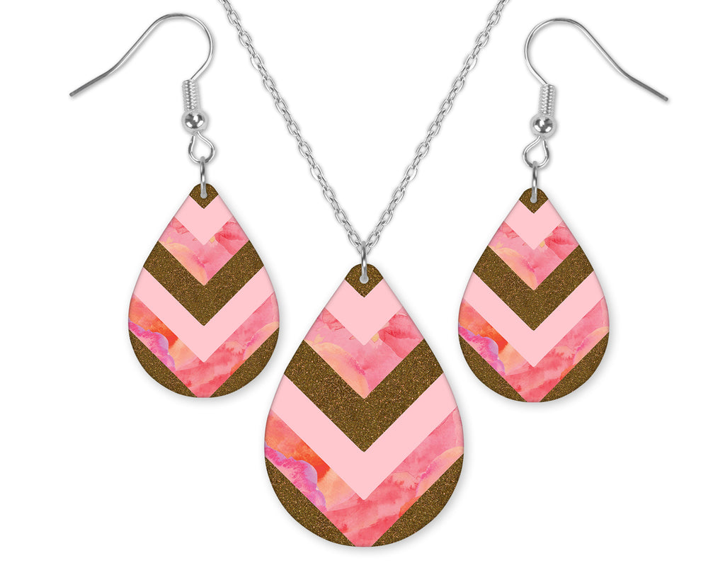 Pink Arrows and Gold Glitter Teardrop Earrings and Necklace Set - Sew Lucky Embroidery