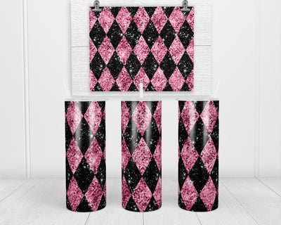 Pink and Black Argyle  20 oz insulated tumbler with lid and straw