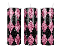 Pink and Black Argyle  20 oz insulated tumbler with lid and straw - Sew Lucky Embroidery