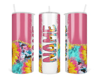 Pink Colorful Sunflower and Cow Print Personalized 20oz Insulated Tumbler with Lid and Straw - Sew Lucky Embroidery