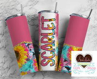 Pink Colorful Sunflower and Cow Print Personalized 20oz Insulated Tumbler with Lid and Straw - Sew Lucky Embroidery