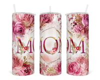 Pink Floral Mom oz insulated tumbler with lid and straw - Sew Lucky Embroidery