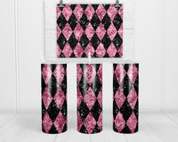 Pink and Black Argyle  20 oz insulated tumbler with lid and straw - Sew Lucky Embroidery