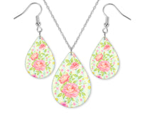 Pink Floral Teardrop Earrings and Necklace Set - Sew Lucky Embroidery