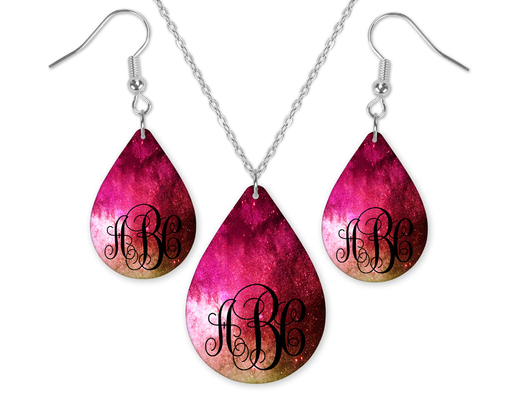 Pink Galaxy Monogrammed Teardrop Earrings and Necklace Set - Sew Lucky Embroidery