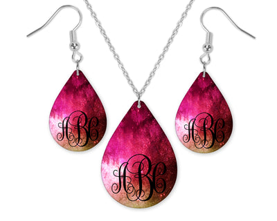 Pink Galaxy Monogrammed Teardrop Earrings and Necklace Set