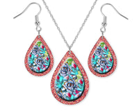 Pink Glitter and Floral Teardrop Earrings and Necklace Set - Sew Lucky Embroidery