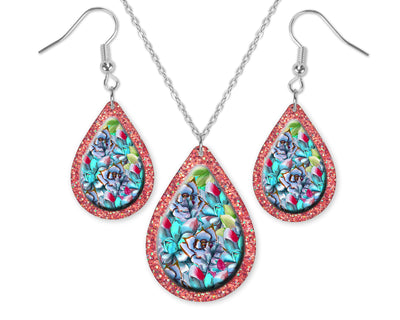 Pink Glitter and Floral Teardrop Earrings and Necklace Set