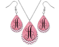 Pink Glitter Chevron Monogrammed Teardrop Earrings and Necklace Set - Sew Lucky Embroidery