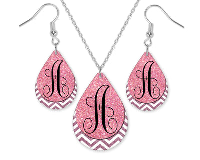 Pink Glitter Chevron Monogrammed Teardrop Earrings and Necklace Set