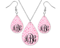 Pink Hearts Monogrammed Teardrop Earrings and Necklace Set - Sew Lucky Embroidery