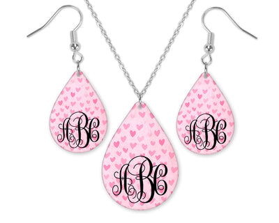 Pink Hearts Monogrammed Teardrop Earrings and Necklace Set