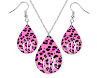 Pink Leopard Monogrammed Teardrop Earrings and Necklace Set - Sew Lucky Embroidery