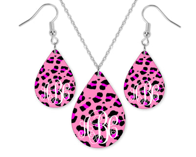 Pink Leopard Monogrammed Teardrop Earrings and Necklace Set
