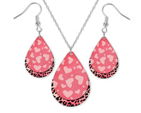 Pink Leopard with Hearts Teardrop Earrings and Necklace Set - Sew Lucky Embroidery