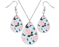 Pink Roses Teardrop Earrings and Necklace Set - Sew Lucky Embroidery