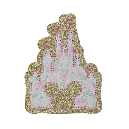 Princess castle embroidered patch with gold glitter background and floral castle design for jackets backpacks tote bags and fairy tale accessories