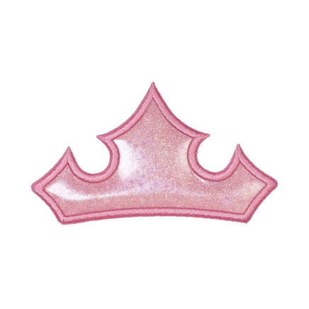 princess crown embroidered patch with pink glitter fabric base and iridescent vinyl overlay, pink crown patch for jackets backpacks and hats