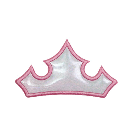 princess crown embroidered patch with iridescent fabric base and holographic vinyl overlay, pink crown patch for jackets backpacks and hats
