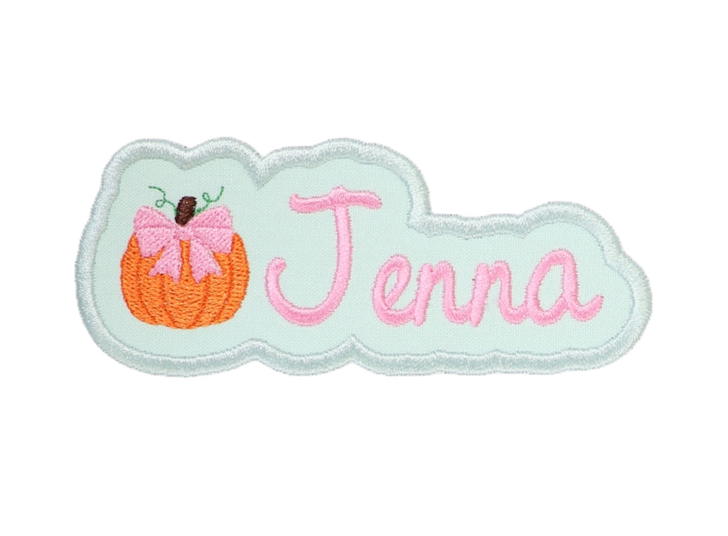 Pumpkin with Bow Name Sew or Iron on Patch - Sew Lucky Embroidery