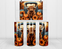 Pumpkin Truck Highland Cow 20 oz insulated tumbler with lid and straw - Sew Lucky Embroidery