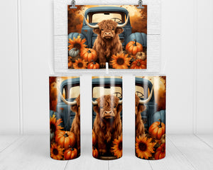 Pumpkin Truck Highland Cow 20 oz insulated tumbler with lid and straw - Sew Lucky Embroidery