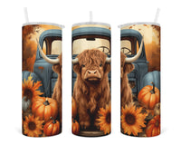 Pumpkin Truck Highland Cow 20 oz insulated tumbler with lid and straw - Sew Lucky Embroidery