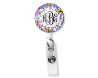 Red and Yellow Floral Monogram Badge Reel - Sew Lucky Embroidery