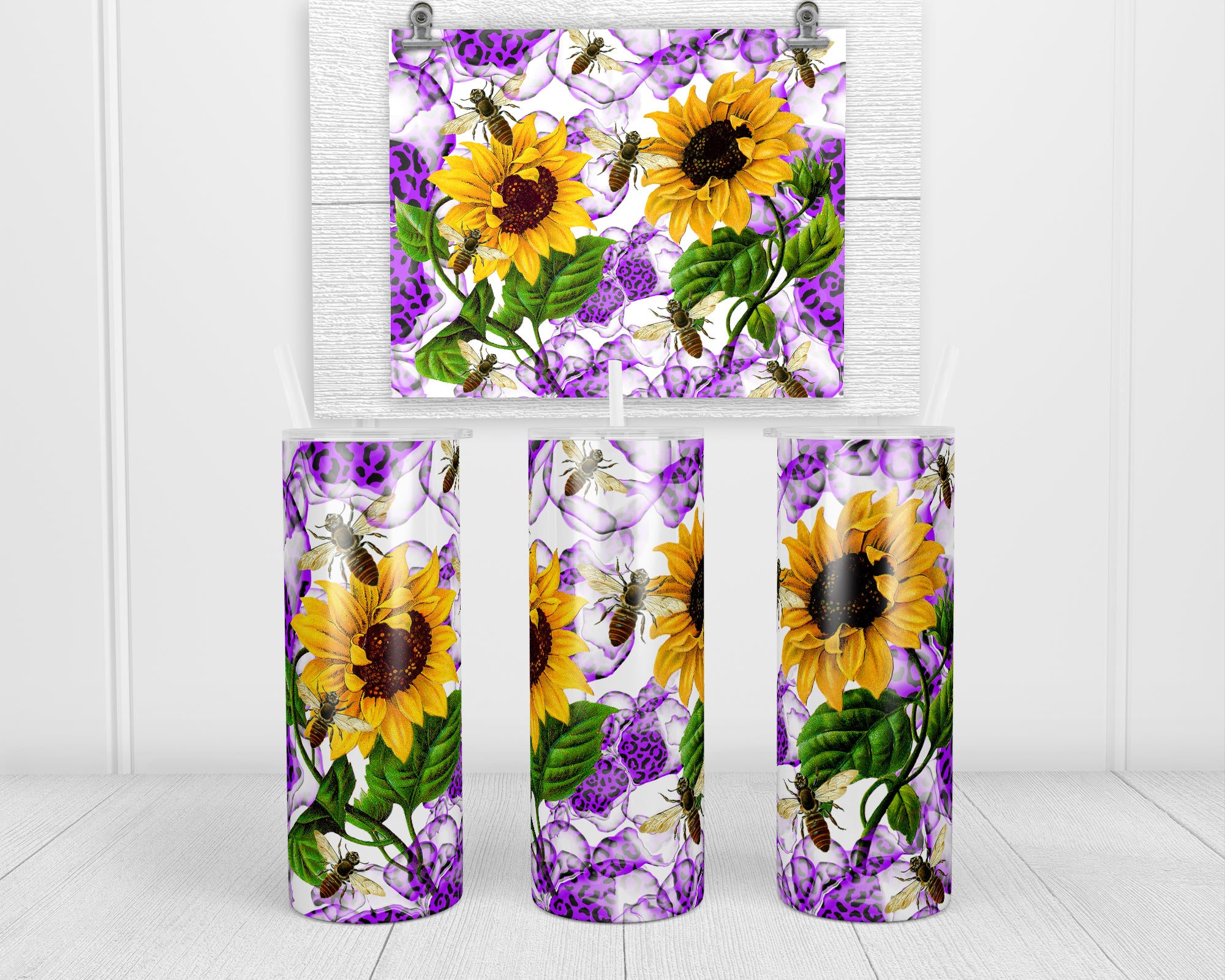 Beehive Sunflowers Leopard 20 oz insulated tumbler with lid and