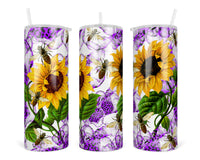Purple  Leopard and Sunflower Bees 20 oz insulated tumbler with lid and straw - Sew Lucky Embroidery