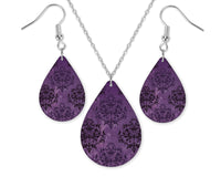 Purple Damask Teardrop Earrings and Necklace Set - Sew Lucky Embroidery