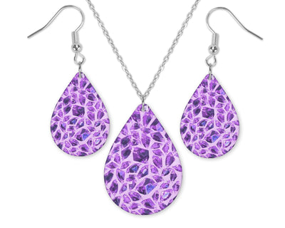 Purple Diamonds Design Teardrop Earrings and Necklace Set