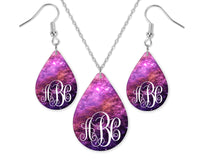 Purple Galaxy Monogrammed Teardrop Earrings and Necklace Set - Sew Lucky Embroidery