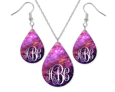 Purple Galaxy Monogrammed Teardrop Earrings and Necklace Set