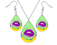 Purple Lips Teardrop Earrings and Necklace Set - Sew Lucky Embroidery