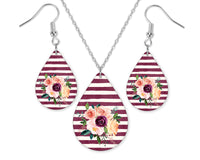 Purple Stripes with Flowers Teardrop Earrings and Necklace Set - Sew Lucky Embroidery