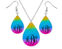 Rainbow Monogrammed Teardrop Earrings and Necklace Set - Sew Lucky Embroidery