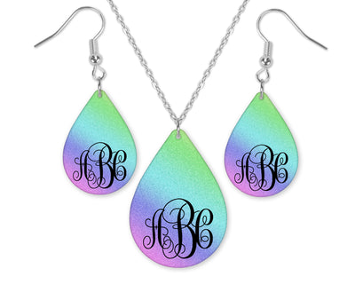 Rainbow Ombre Monogram Teardrop Earrings and Necklace Set
