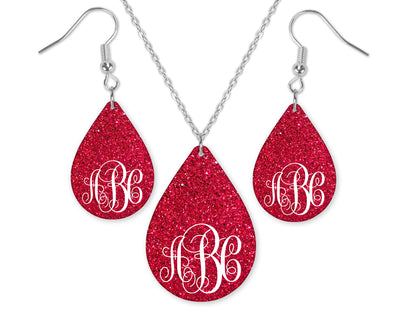 Red Glittery Monogrammed Teardrop Earrings and Necklace Set