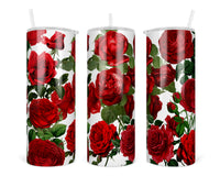 Red Roses 20 oz insulated tumbler with lid and straw - Sew Lucky Embroidery