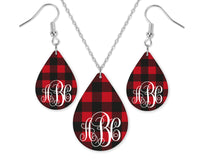 Red Plaid Monogram Teardrop Earrings and Necklace Set - Sew Lucky Embroidery