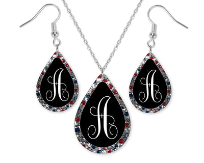 Red and Blue Diamonds Monogram Teardrop Earrings and Necklace Set