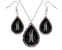 Red and Blue Diamonds Monogrammed Teardrop Earrings and Necklace Set - Sew Lucky Embroidery