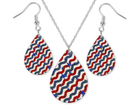 Red White and Blue Swirls with Stars Teardrop Earrings and Necklace Set - Sew Lucky Embroidery